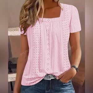Embroidery Perforated Square Neck T-Shirt